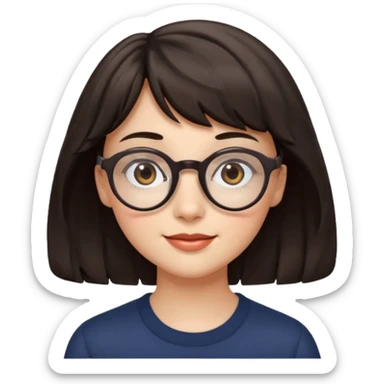 Koyu renk, dağınık dalgalı saçlı, kısa kahküllü, yuvarlak gözlüklü ve büyük kahverengi gözlü bir genç kadının yüzünü gösteren emoji tarzı illüstrasyon. Hafif bir gülümseme veya tatlı bir sırıtış ifadesi var. Cilt tonu açık. sticker