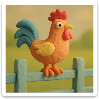rooster standing on a fence, pastel colors, visible fingerprints, playful and textured in claymation style sticker