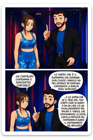 TRASFORMA QUESTO CAROSELLO IN UN FUMETTO STILE WEBTOON/MANGA A COLORI CON QUESTE DUE PERSONE IDENTICHE CHE INTERLOQUISCONO TRA LORO, L'uomo sta spiegando alla donna questo concetto:

LUI (UOMO): Hai controllato diaframma e baricentro corporeo?
LUI (UOMO): Lo sapevi che è il diaframma che contraendosi chiude l’angolo his fra stomaco ed esofago, contenendo la risalita degli acidi grassi?
LUI (UOMO): …e lo sapevi che se il peso del tuo corpo cade in avanti o da un lato, c’è un disallineamento fra bacino e torace, che comprimendo le coste, limita la motilità del diaframma e quindi il contenimento del reflusso? sticker