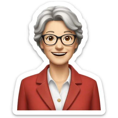 Woman in her 60s, with brown hair, pale skin, glasses, brown eyes, smiling wearing a red blazer, collared shirt,  jeans sticker