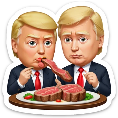 photorealistic Donald Trump and Putin eating a steak shaped like an piece of land sticker