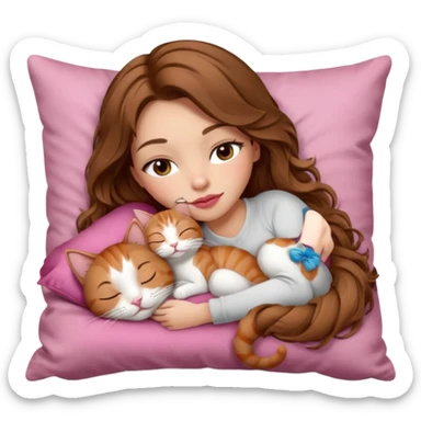 girl with long wavy brown hair, brown eyes, long lashes makeup, sexy pink lips, light to medium complexion,  sleeping on a cozy pillow, with 6 cats: 1 brown tabby cat, 1 ginger and white cat, 2 grey and white cats, 1 grey with white mittens and small white patch on chest cat and 1 calico cat sticker