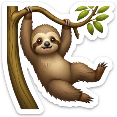 cinematic-sloth-realistic-full-body-hanging-emoji,-long-curved-claws-clinging-to-a-tree,-thick-shaggy-brown-fur-slightly-ruffled,-head-tilted-dramatically,-slow-blinking-eyes-filled-with-serene-wisdom,-simplified-yet-realistic-focused-features,-highly-detailed,-glowing-with-an-almost-sarcastic-glow sticker