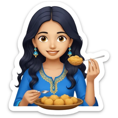 a pretty tan indian bratz girl with wavy long BLACK hair. eyeliner on, wearing a blue kurti, eating golgappa. NO SPOON sticker
