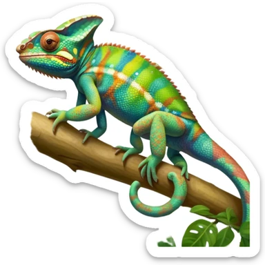 Giant chameleon on a branch, blending with vibrant greenery. Detailed scales in shifting colors, showing the chameleon’s ability to camouflage. Soft natural light highlights its texture. Nature background with leafs aтв адщцукы. Lush jungle background with vivid foliage, transparent background. sticker