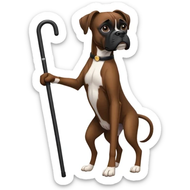 Elderly dark black boxer dog standing on hind 2 legs using one cane sticker