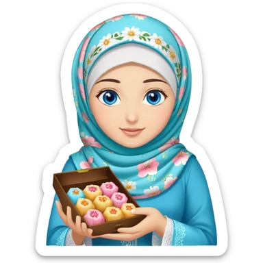 Turkish beautiful finish Konya girl blue eyes with lilies floral hijab islamic dress and had on her hand text Eid Mubarak with sweets and celebrating with her friends eid days   sticker
