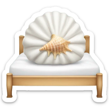 Bed with light wood frame and white blankets and a sea shell pillow  sticker