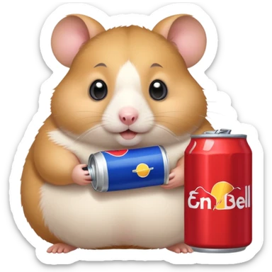 Funny cartoon-style fat hamster wide eyed with a can of redbull sticker