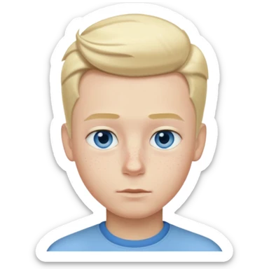 blond boy with straight hair, slightly side parting and a quiff, blue eyes, full lips, very light blond eyebrows, fair complexion with a cold undertone, freckles sticker