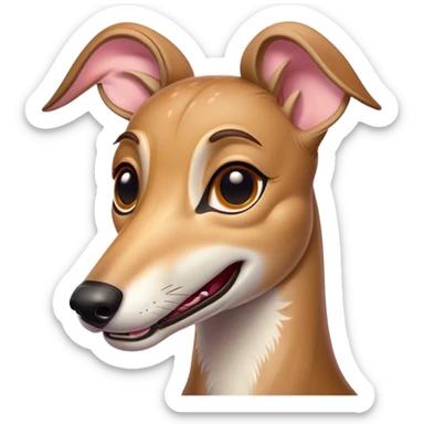 Cinematic Comical Fawn Greyhound Portrait Emoji, Head tilted dramatically with an exaggeratedly amused expression, featuring a striking fawn Fur with subtle elegance, wide, expressive eyes filled with playful disbelief, Simplified yet hilariously expressive features, highly detailed, glowing with a slightly sassy glow, high shine, dramatic yet playful, stylized with an air of cheeky charm, bright and endearing, soft glowing outline, capturing the essence of a spirited and over-the-top racer, so meme-worthy it feels like it could side-eye its way into internet fame instantly! sticker