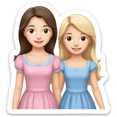 happy long hair brunette girl in light pink dress and blonde girl in light blue dress pride and prejudice sticker