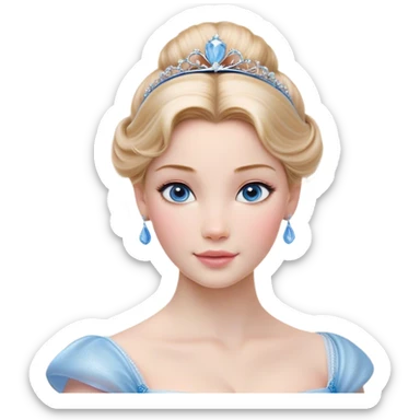 Cinematic Realistic Cinderella Portrait, depicted with lifelike skin texture, subtle rosy undertones, and soft natural lighting that enhances the gentle contours of her face. Her intricately detailed golden blonde hair is elegantly styled in an updo, with delicate wisps framing her face for added realism. Her deep, expressive blue eyes radiate warmth and sincerity, reflecting a quiet resilience and grace. She is dressed in her iconic ball gown, the fabric shimmering with intricate embroidery and fine translucent layers that catch the light beautifully. The soft sheen of satin gloves and the delicate sparkle of a glass-like slipper peeking from beneath her dress add a touch of magical realism. The portrait features an enchanting glow with a natural, luminous finish, seamlessly blending realism and fairytale charm to evoke a sense of depth, elegance, and timeless beauty. sticker
