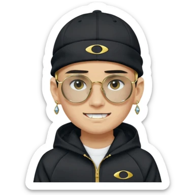 un emoji de un chico emcapuchado blanco, con gorro kalenji, dientes de oro, com uma chaqueta negra nike tech y unas gafas de oakley, con pendientes de diamante, que las gafas sean estilo cuadradas, los pendientes q no se cuelguen, que sean redondos, en las dos cejas un corte sticker