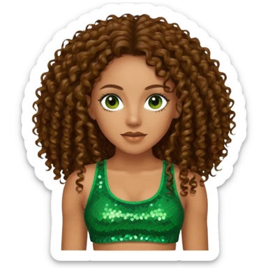 Melanie Brown with long brown curly hair, green sequin crop top, dark brown eye sticker