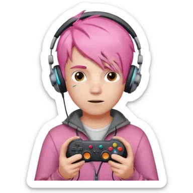 pink haired boy with headphones holding game controller sticker