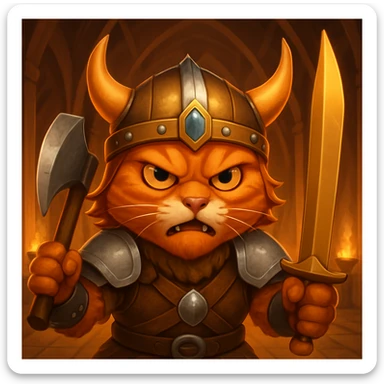 Make the ginger cat viking look fiercer, with a more intense expression and battle-ready pose, keep the Valhalla hall background. The original style is emoji style, but emoji style does not support editing, so please maintain the emoji style look while editing in the general style. sticker