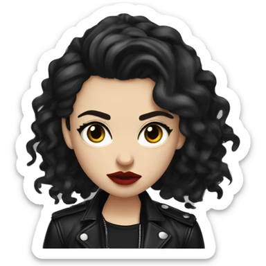 White girl, with long curly black hair, with red lipstick, black winged eyeliner, wearing black shirt and black leather jacket, rolling her eyes in annoyance  sticker
