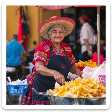 professional photography of an old Mexican lady pushing a food cart, warm and friendly expression, traditional dress, vibrant colors, street vendor, detailed, no text sticker