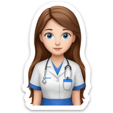 pretty female nursing student with long brown hair, blue eyes inside a classroom at university sticker