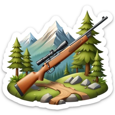 Icon for Hunting Tourism: hunting rifle, surrounded by nature elements like trees, mountains, and wildlife tracks. The icon should represent the adventure and exploration of hunting tourism. Transparent background. sticker