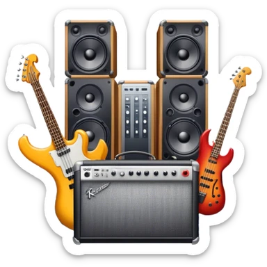 Icon for R&B Music Listening: large concert speakers with waves of musical notes coming out, along with a bass guitar, drum kit, and synthesizer. The icon should convey the energetic and rhythmic vibe of R&B music. Transparent background. sticker