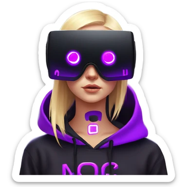 Russian cute blond student girl wearing black hoody with violet letters "OMG", in vr headset. No eyes. Cyberpunk style. Violet neon. sticker