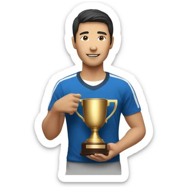 an asian man with a champion cup sticker