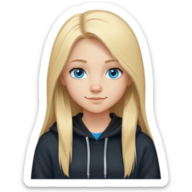 Blonde long straight hair girl with blue eyes and black hoodie. i want her to be smirking sticker