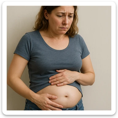 Realistic woman with a slightly bloated belly due to intestinal parasites. Expression shows mild discomfort or concern. The style is realistic with a clear and informative atmosphere. sticker