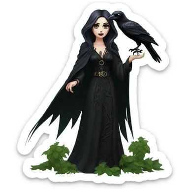 the morrigan goth woman version vines style furr robe stylish boots, perfect eyes, raven on hand, green vines decor on ground sticker