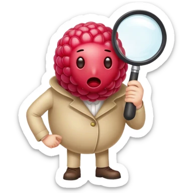 A faceless raspberry holding a magnifiyng glass, no face, no eyes, no mouth, no body  sticker