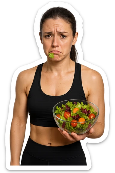 DONNA FITNESS CON INSALATA IN MANO MENTRE TIENE UNA FOGLIA DI INSALATA IN BOCCA CON ESPRESSIONE TRISTE, iperrealistico 4k, ISOLATA SU SFONDO BIANCO sticker