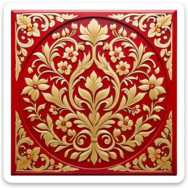 Wood painting icon, intricate traditional Russian Palekh or Khokhloma patterns painted on wooden surface, vivid red, gold, and black colors, visible paintbrush with fine details, no finished artwork, just the process of painting, minimalistic style, clean lines, transparent background. sticker