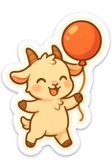 chibi goat, joyful, holding a balloon, bright colors, simple background sticker