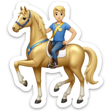 anthropomorphised horse in jeans and a t-shirt, wearing a gold medal sticker