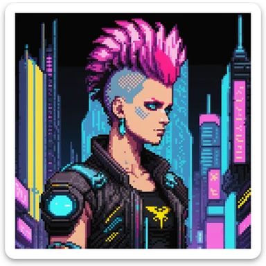 cyberpunk 2077 character with neon mohawk in a futuristic city background, pixel art style sticker
