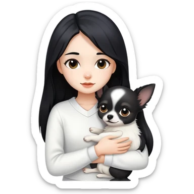 A girl with fair skin, long black hair, and white clothes, gently and tightly hugs a black Chihuahua sticker