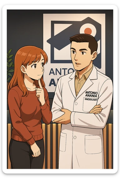 su questo stile fai un manga/webtoon a colori in cui una donna SI TOCCA IL MENTO CON L'INDICE MENTRE ASCOLTA PENSIEROSA L'UOMO, l'uomo della foto in stile manga LE SPIEGA CHE DEVE PROVARE LA SUA VALUTAZIONE MEDICA, mantieni un ambiente simile alla foto che ho allegato con il suo logo (sarebbe il suo studio, lui è un kinesiologo), scrivigli "ANTONIO ANANIA" sul camice bianco, non mettere fumetti, ma fai in modo che sembri che la donna ASCOLTI l'uomo sticker