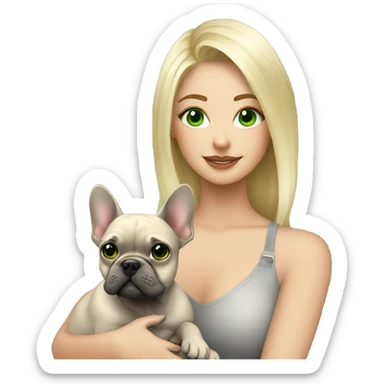 Blonde woman green eyes hugging light gray frenchie  sticker