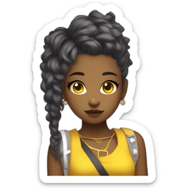 cute punk girl in yellow dress dark skin with yellow eyes and dark curvy hairs drummer anime style sticker