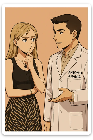 fai un webtoon/manga a colori con questo kinesiologo in camice bianco (fagli la scritta "ANTONIO ANANIA" SUL CAMICE) CHE PARLA CON QUESTA RAGAZZA CON GLI OCCHI AZZURRI. la ragazza HA UN DITO SUL MENTO MENTRE PENSIEROSA gli fa una domanda e IL KINESIOLOGO CON IL CAMICE BIANCO LE risponde. NON FARE I FUMETTI, FAI SOLO LORO COME SE DIALOGASSERO sticker