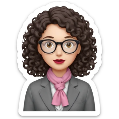 A crazy female scientist, with curly-wavy dark brown hair, brown eyes and light grey glasses and pale skin and pinkish lips, dressed to look like an english teacher but in neutral tones like grey black white, maybe with the pop of dark red sticker