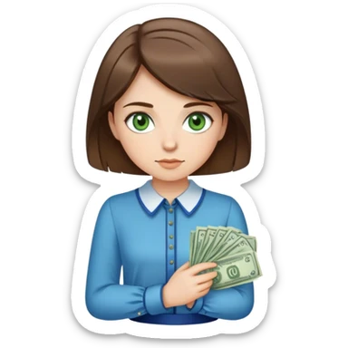 Girl with short brown hair, green eyes, wear blue old money blouse sticker
