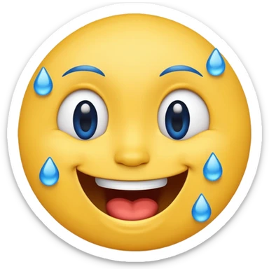 Emoji, yellow round laughing tilted head face sideways with blue tears of fun sticker