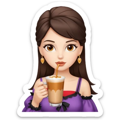 white brunette with brown eyes and a coquette outfit, drrinking caramel machiatto sticker