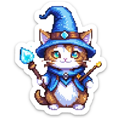 wizard cat with a pointy hat and magic wand sticker