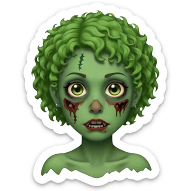 faça uma cabeça verde de zumbi femenina, com im cabelo curtinho cacheado, piercing no nariz, e brincos na orelha sticker