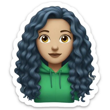 white girl with long wavy dark blue middle parted hair wearing green hoodie sticker