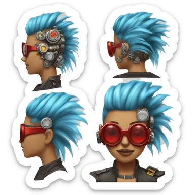 Light blue Mohawk hair female cyborg head with red steampunk goggles and circuits sticker